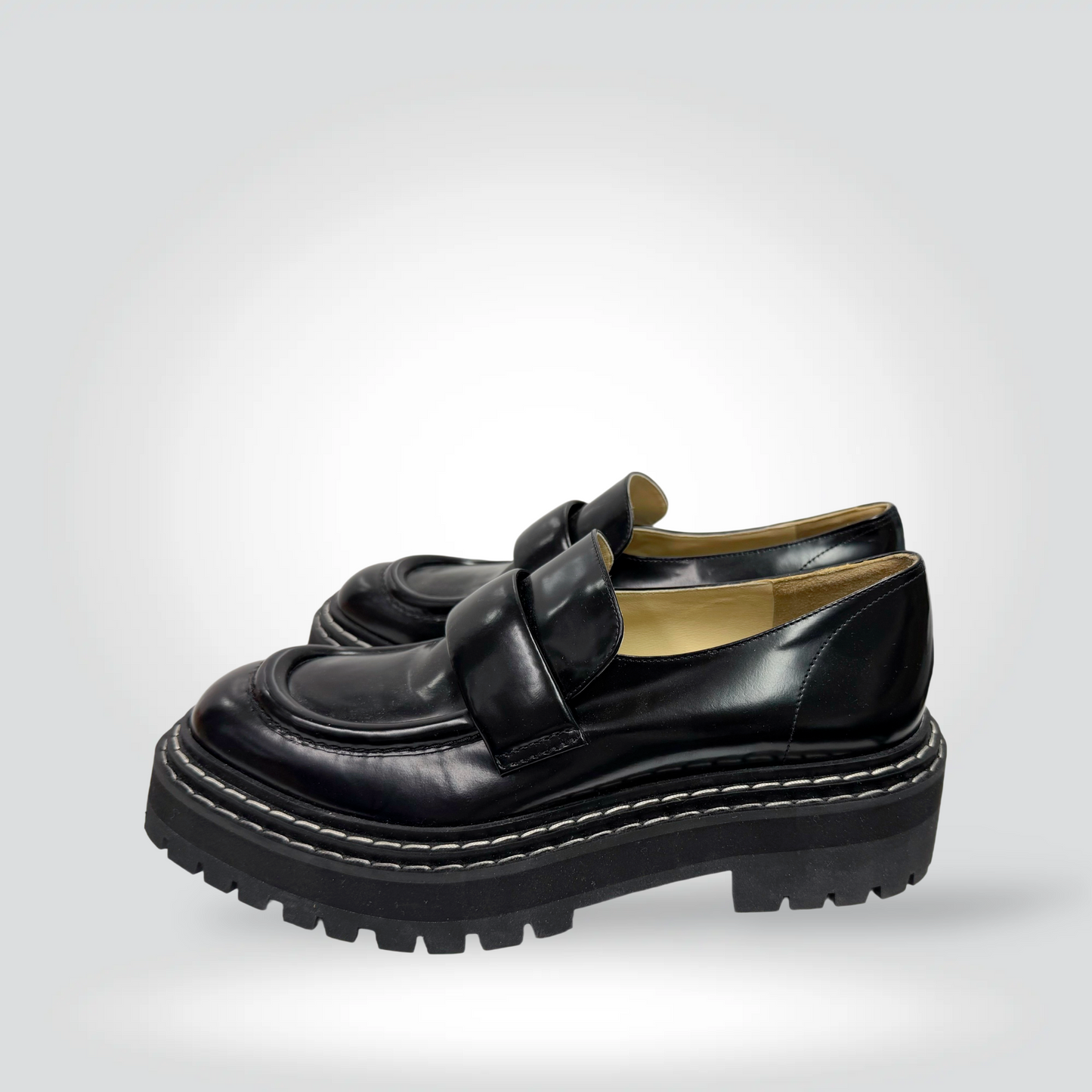 Pre-Owned Proenza Schouler Black Leather Platform Loafer Lug Sole White Topstitching — Size 39—Excellent Style Reissue Vancouver