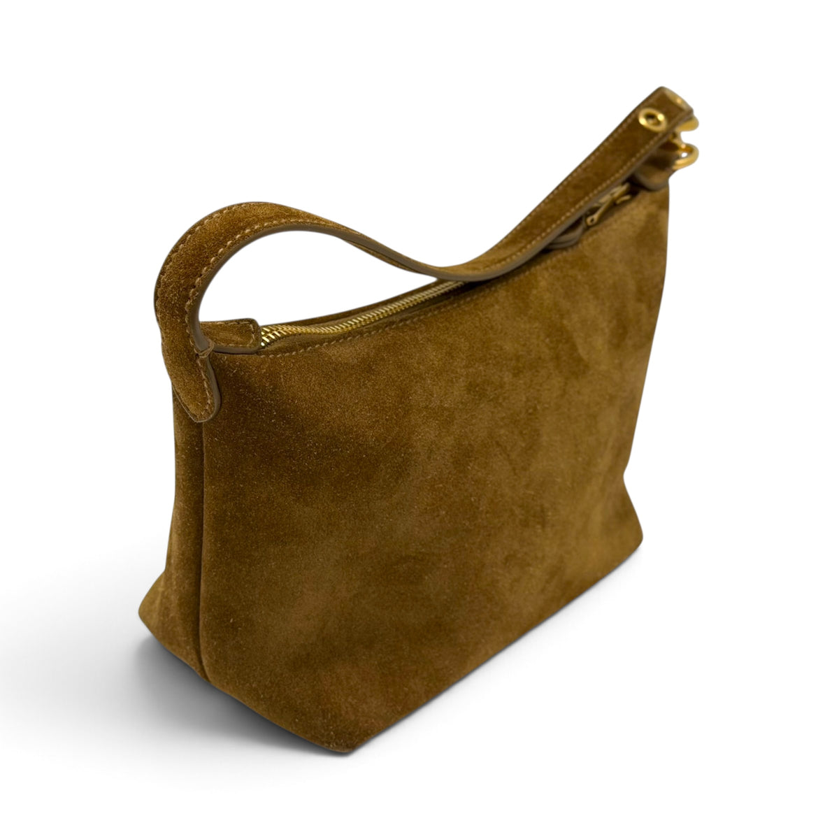 Brown Suede Small Shoulder Bag Embossed Logo Gold Hardware