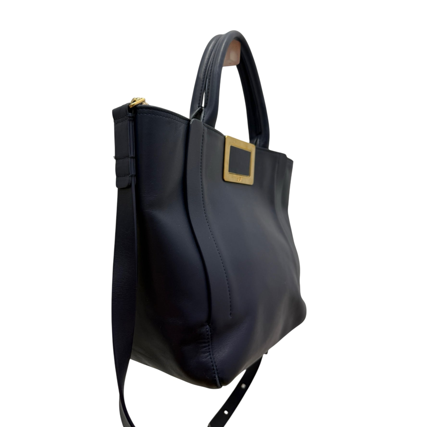 Roger Vivier Navy Blue Leather Top Handle Tote – Structured Handbag with Gold Buckle & Crossbody Strap