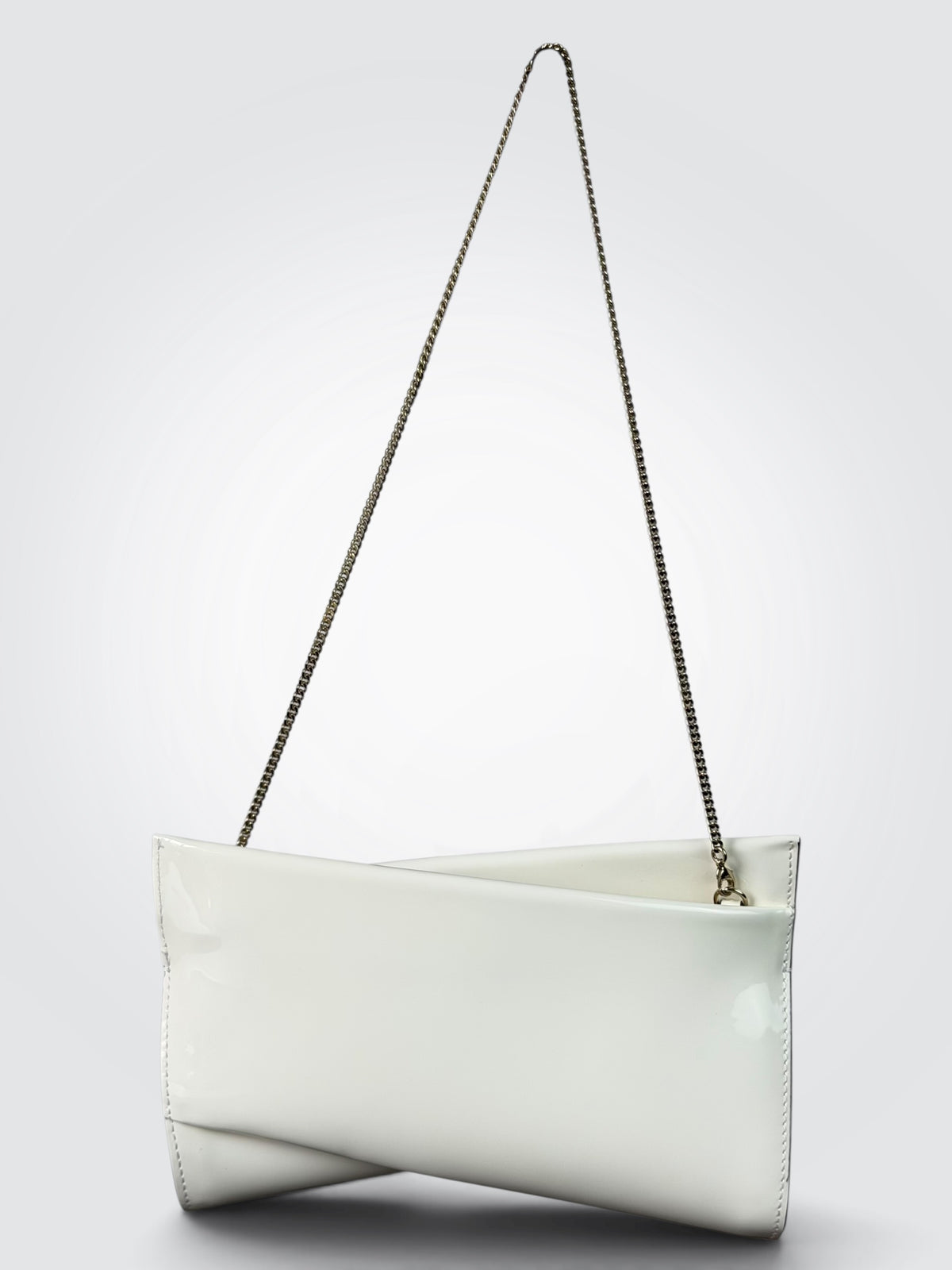 Christian Louboutin white patent leather Loubitwist small clutch with a detachable chain strap and signature star detail.