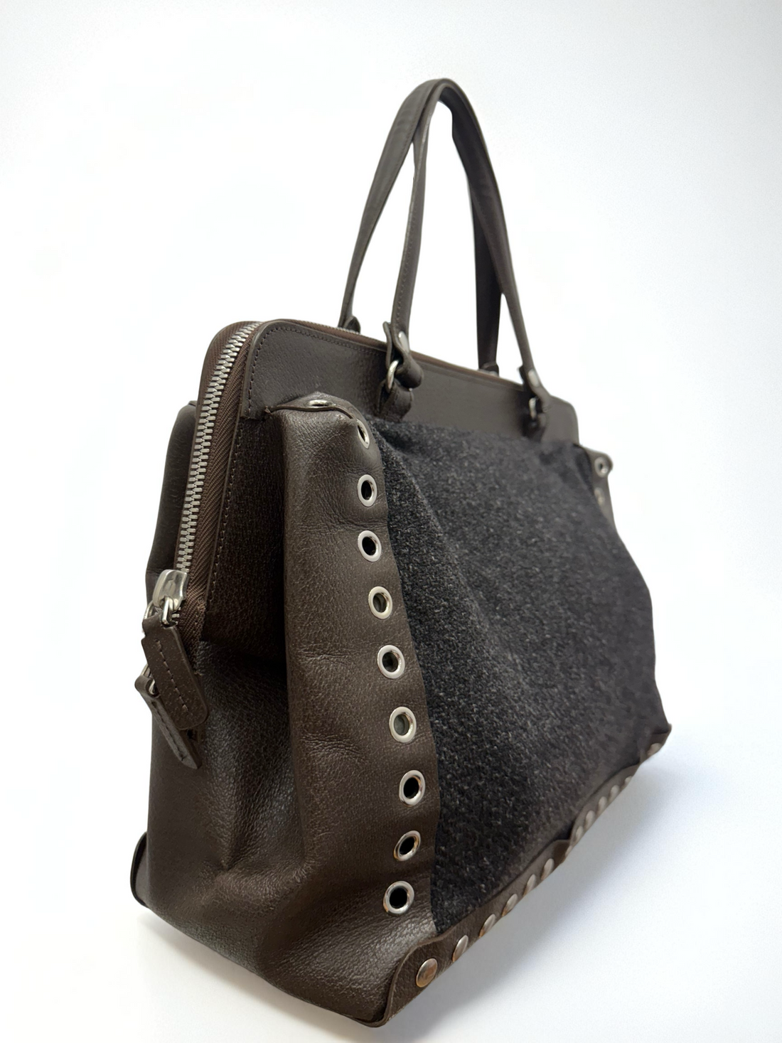 Marni Charcoal Tweed & Brown Leather Tote Bag – Structured Designer Handbag with Grommet Detail | Made in Italy
