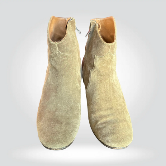 Isabel Marant Dicker Boots Grey Khaki Suede Stacked Wooden Heel Ankle Boot — Size 39—Good  | Style Reissue Vancouver