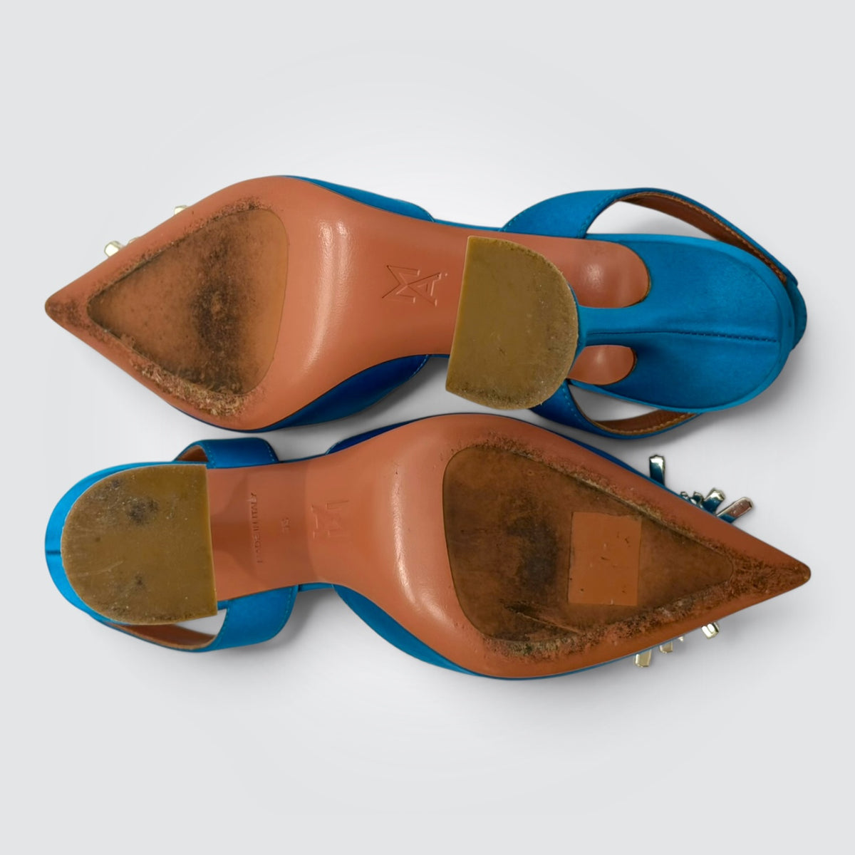 Pre-Owned Amina Muaddi Begum Blue Satin Slingback Pumps with Crystal Buckle