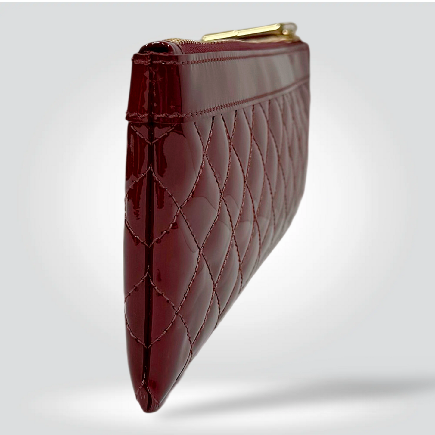Burberry Quilted Patent Leather Zip Pouch Burgundy Red Gold Zip Equestrian Logo — Excellent Style Reissue Vancouver