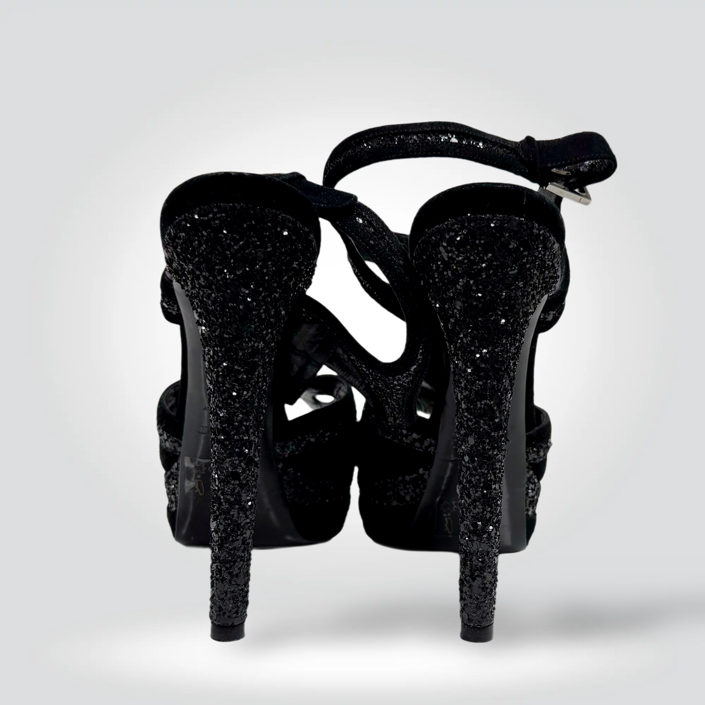 Pre-Owned Christian Dior Black Glitter Strappy Ankle Strap Sandal Silver Buckle 5.5" Heel — Size 39.5 — Excellent | Style Reissue Vancouver