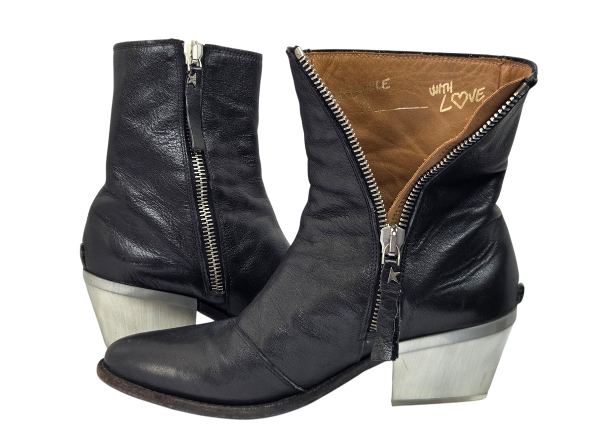 Pre-owned Golden Goose Young boots in black distressed leather with silver star heel and front zip closure, size 39 — available at Style Reissue Vancouver