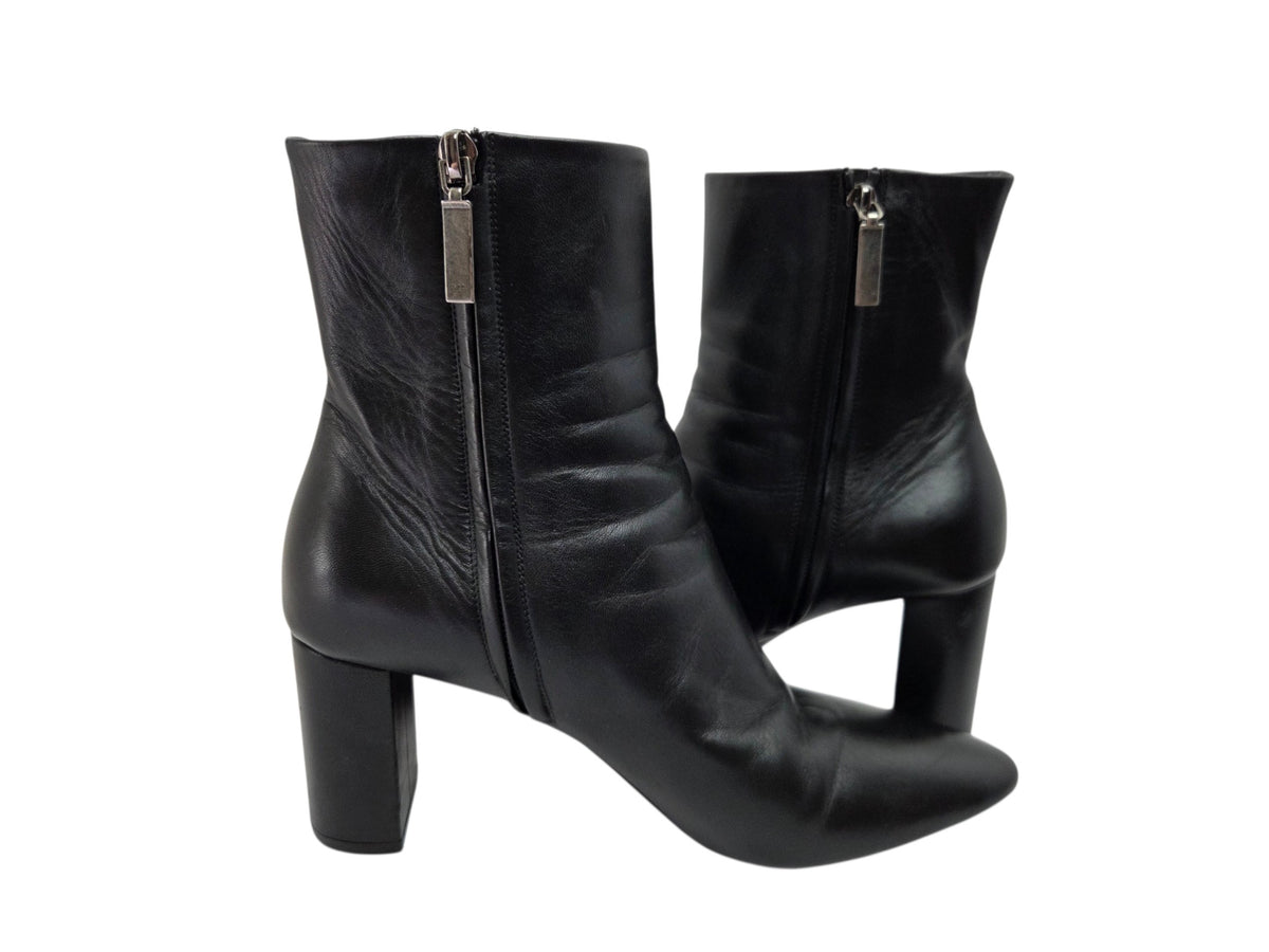 Pre-owned Saint Laurent black leather pointed toe ankle boots with block heel and side zip closure, size 40 — available at Style Reissue Vancouver