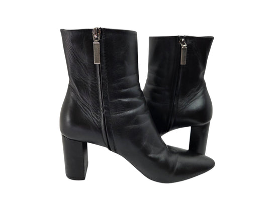 Pre-owned Saint Laurent black leather pointed toe ankle boots with block heel and side zip closure, size 40 — available at Style Reissue Vancouver