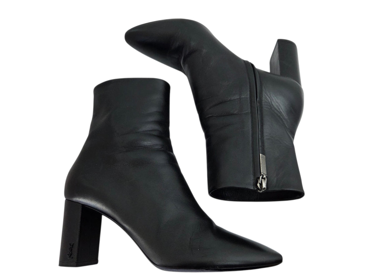 Pre-Owned Saint Laurent Black Leather Pointed Toe Ankle Boots — Size 40