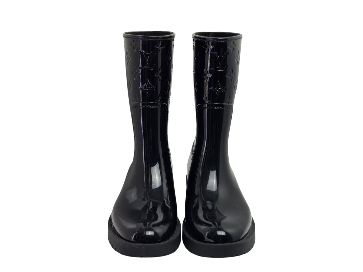 Pre-Owned Louis Vuitton Drops Flat Half Rain Boot in Black Monogram — Size 41