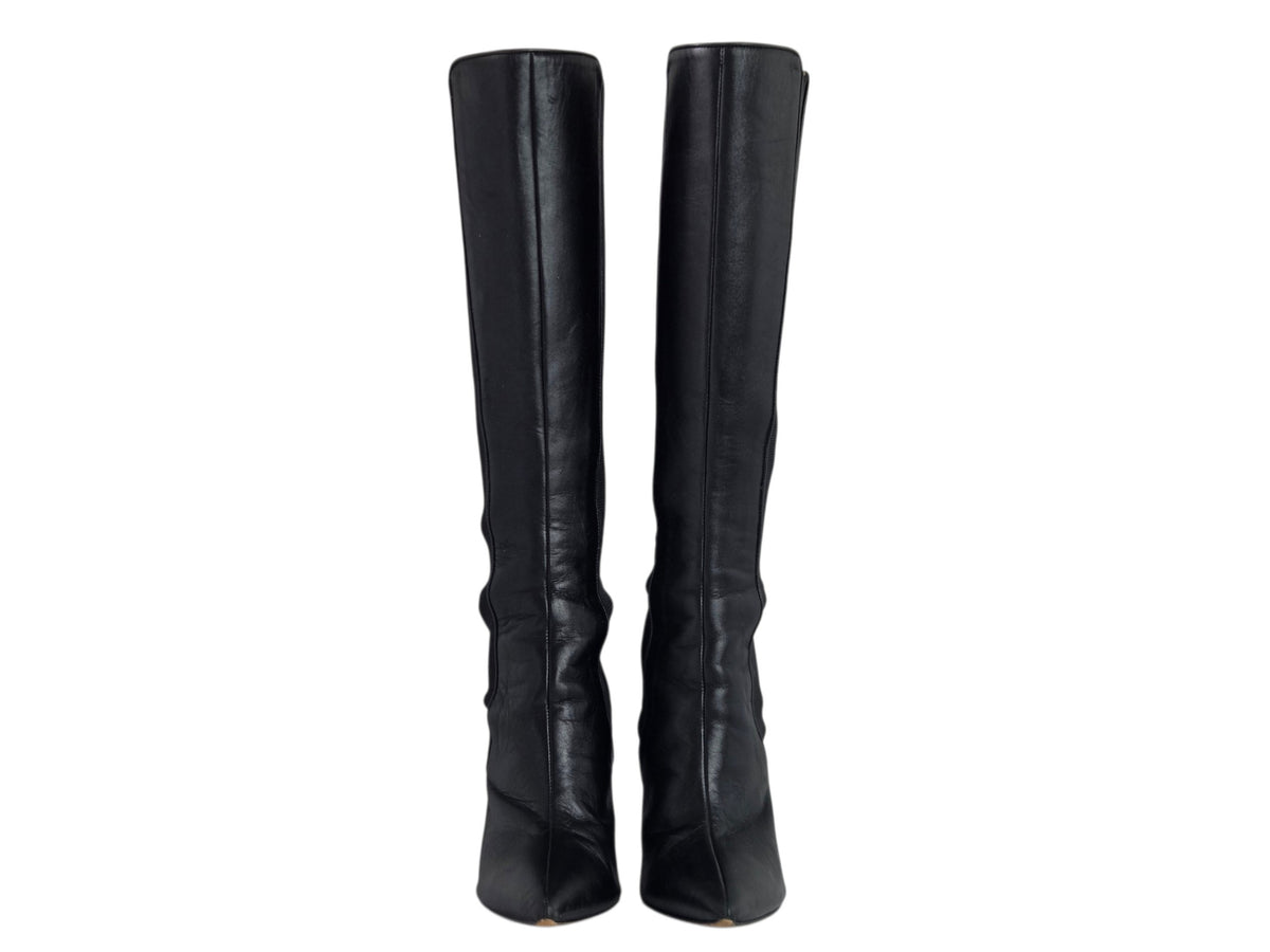 Pre-Owned Manolo Blahnik Black Leather Knee-High Stiletto Boots — Size 36