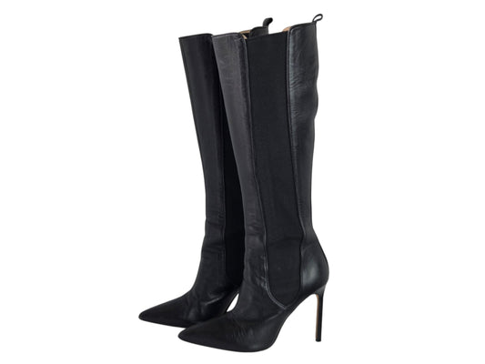 Pre-owned Manolo Blahnik black leather knee-high stiletto boots with pointed toe and side zip, size 36 — available at Style Reissue Vancouver