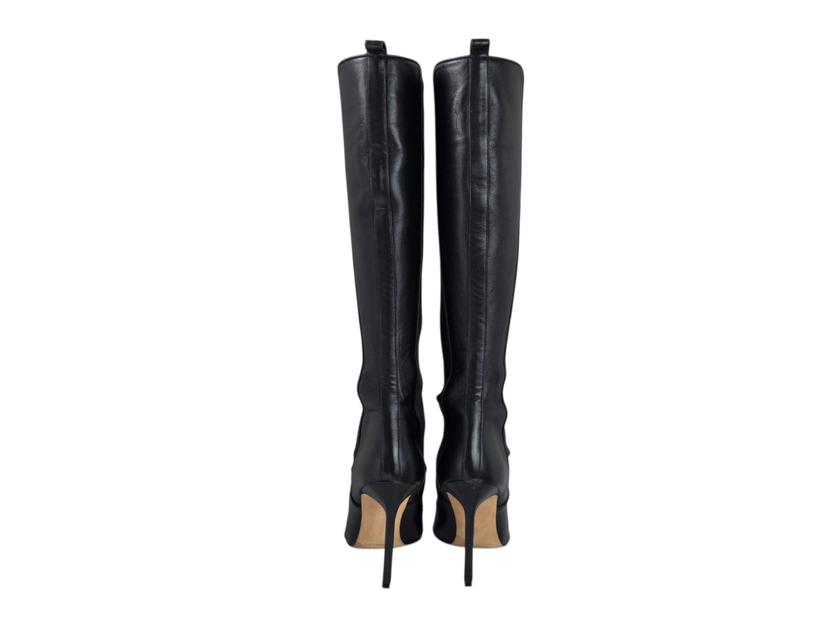 Pre-Owned Manolo Blahnik Black Leather Knee-High Stiletto Boots — Size 36
