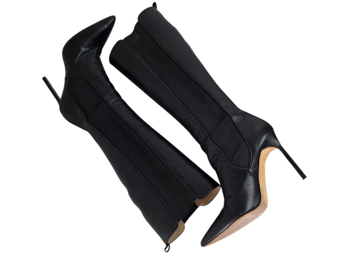 Pre-Owned Manolo Blahnik Black Leather Knee-High Stiletto Boots — Size 36