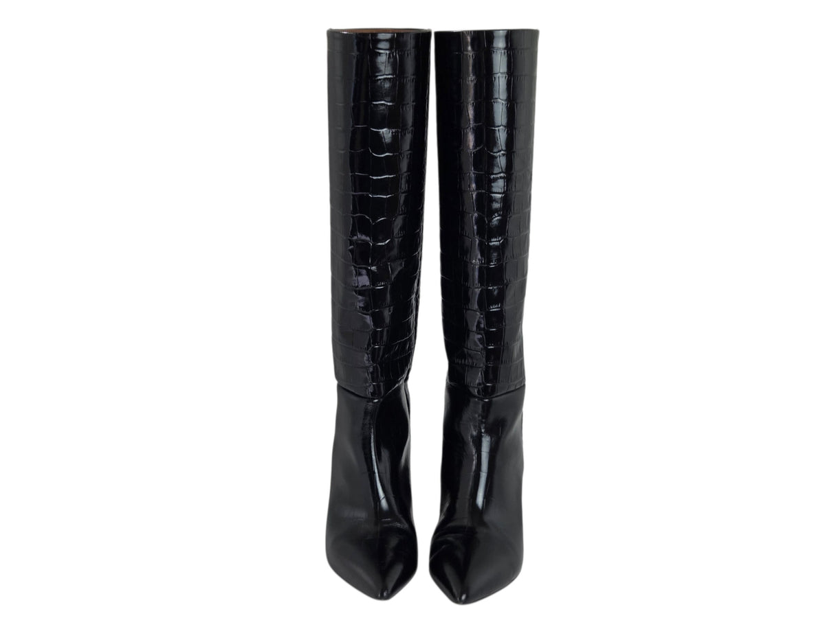 Pre-Owned Paris Texas Black Croc-Embossed Knee-High Stiletto Boots — Size 35