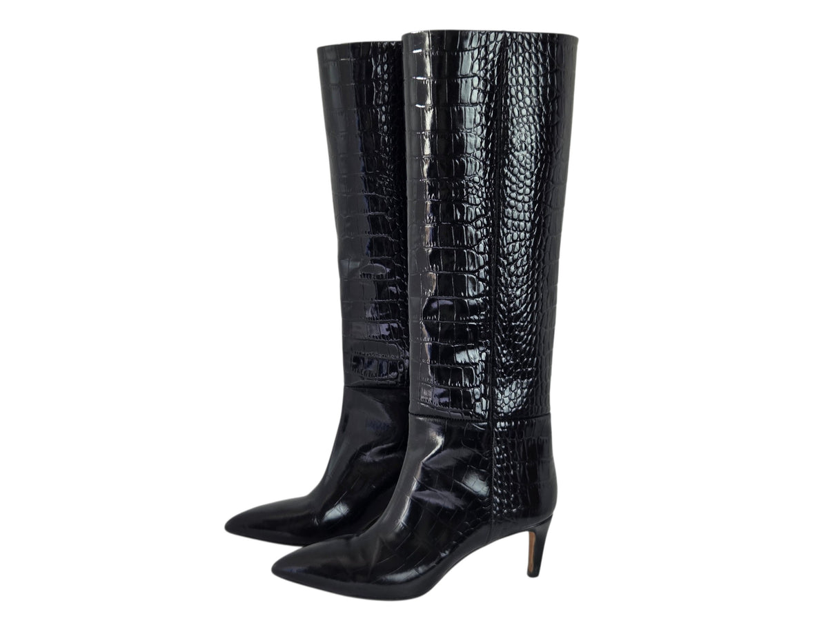 Pre-owned Paris Texas black croc-embossed leather knee-high stiletto boots with pointed toe, size 35 — available at Style Reissue Vancouver
