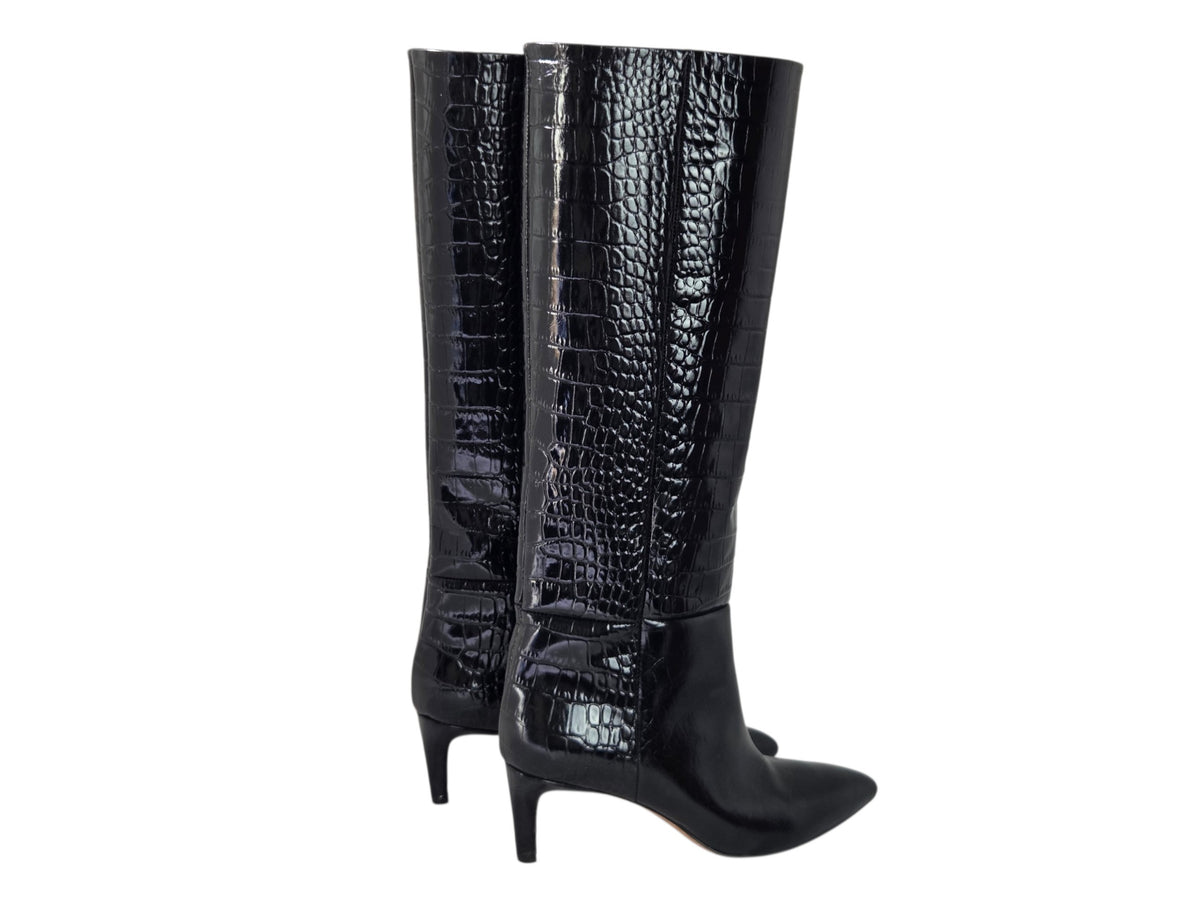 Pre-Owned Paris Texas Black Croc-Embossed Knee-High Stiletto Boots — Size 35
