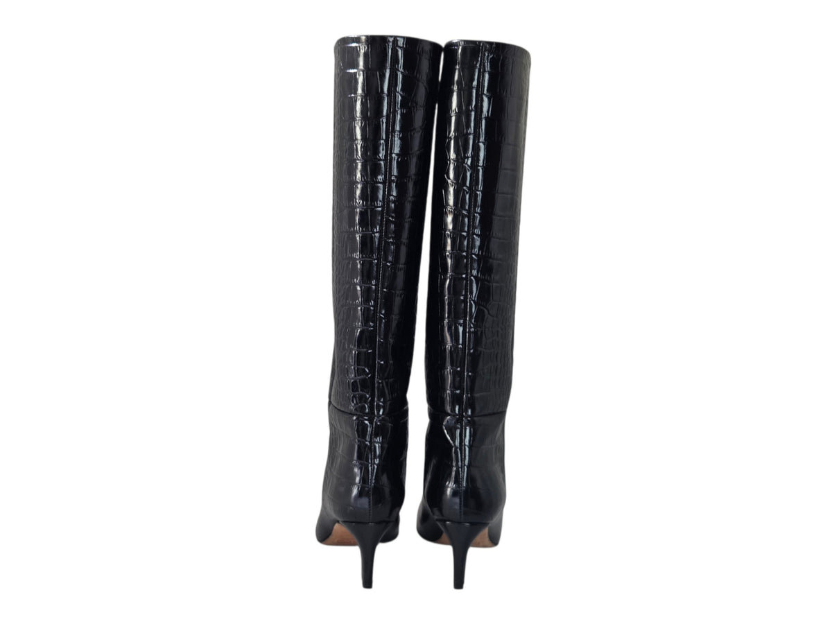 Pre-Owned Paris Texas Black Croc-Embossed Knee-High Stiletto Boots — Size 35