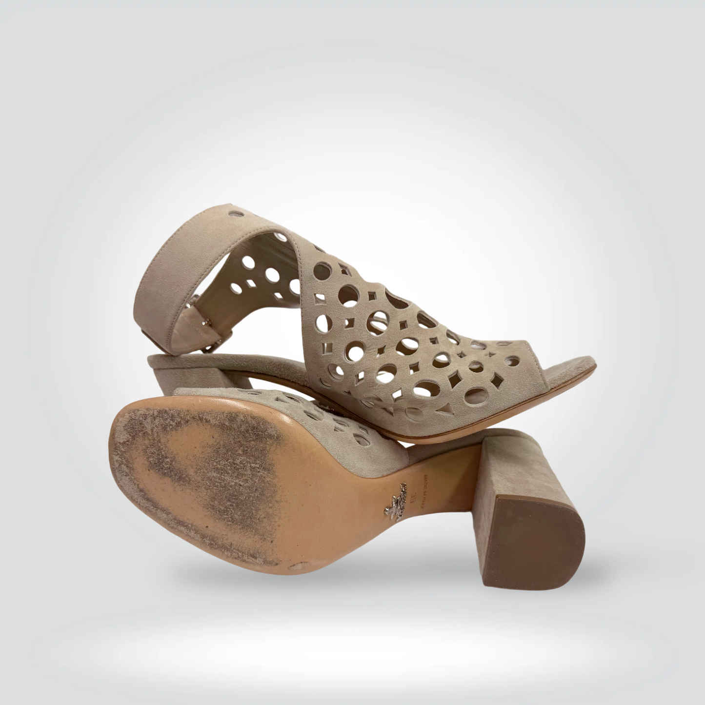 Pre-Owned Prada Beige Suede Cut-Out Perforated Mule Heel Ankle Strap Block Heel Open Toe — Size — Good | Style Reissue Vancouver