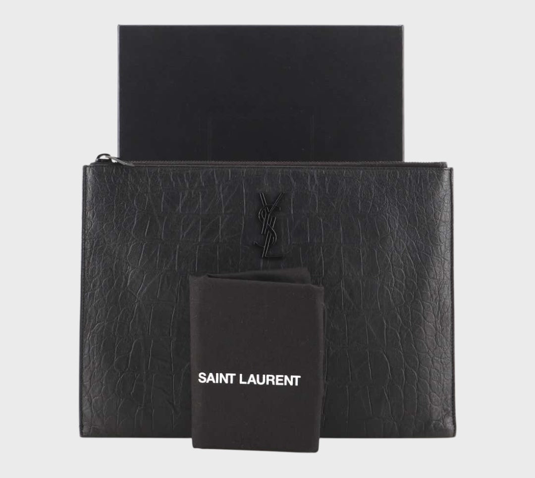 Saint Laurent Classic Monogram Zip Pouch Crocodile Embossed Leather Medium