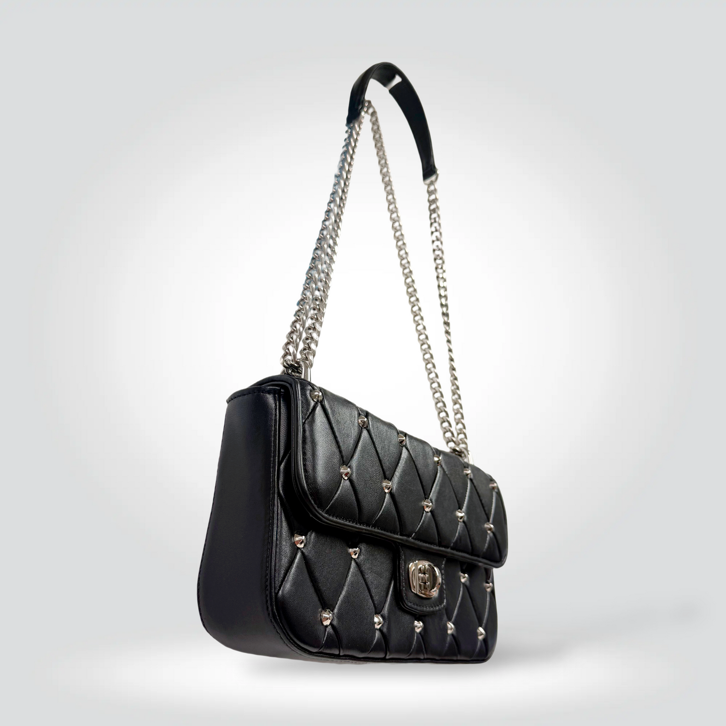 Miu Miu Quilted Leather Studded Flap Bag Black Silver Dome Studs Chain Strap — Excellent | Style Reissue Vancouver