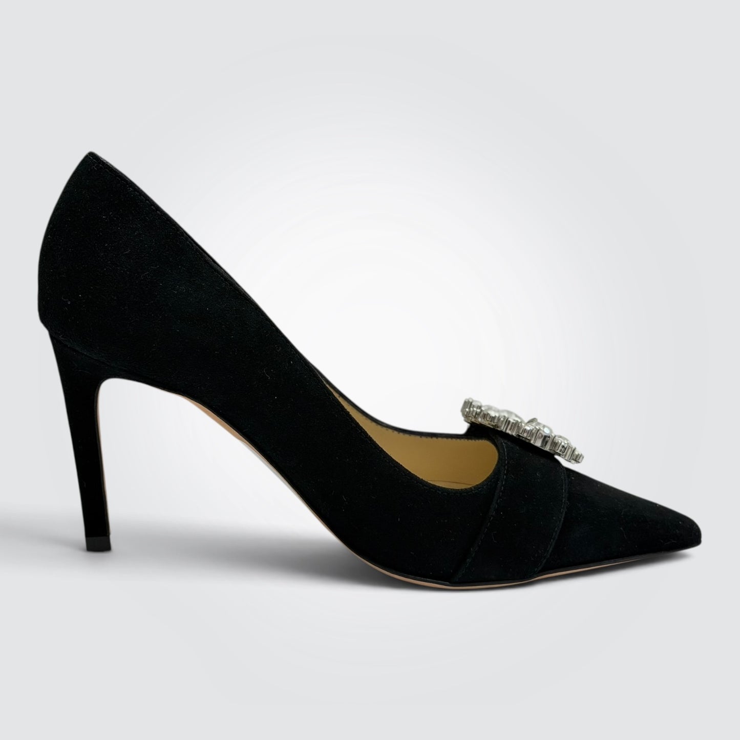 Pre-Owned Jimmy Choo Black Suede Crystal Buckle Pointed-Toe Pumps