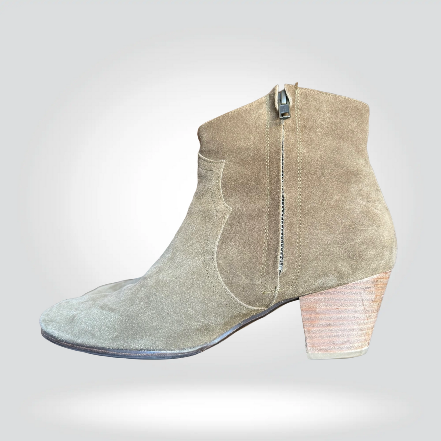 Isabel Marant Dicker Boots Grey Khaki Suede Stacked Wooden Heel Ankle Boot — Size 39—Good  | Style Reissue Vancouver