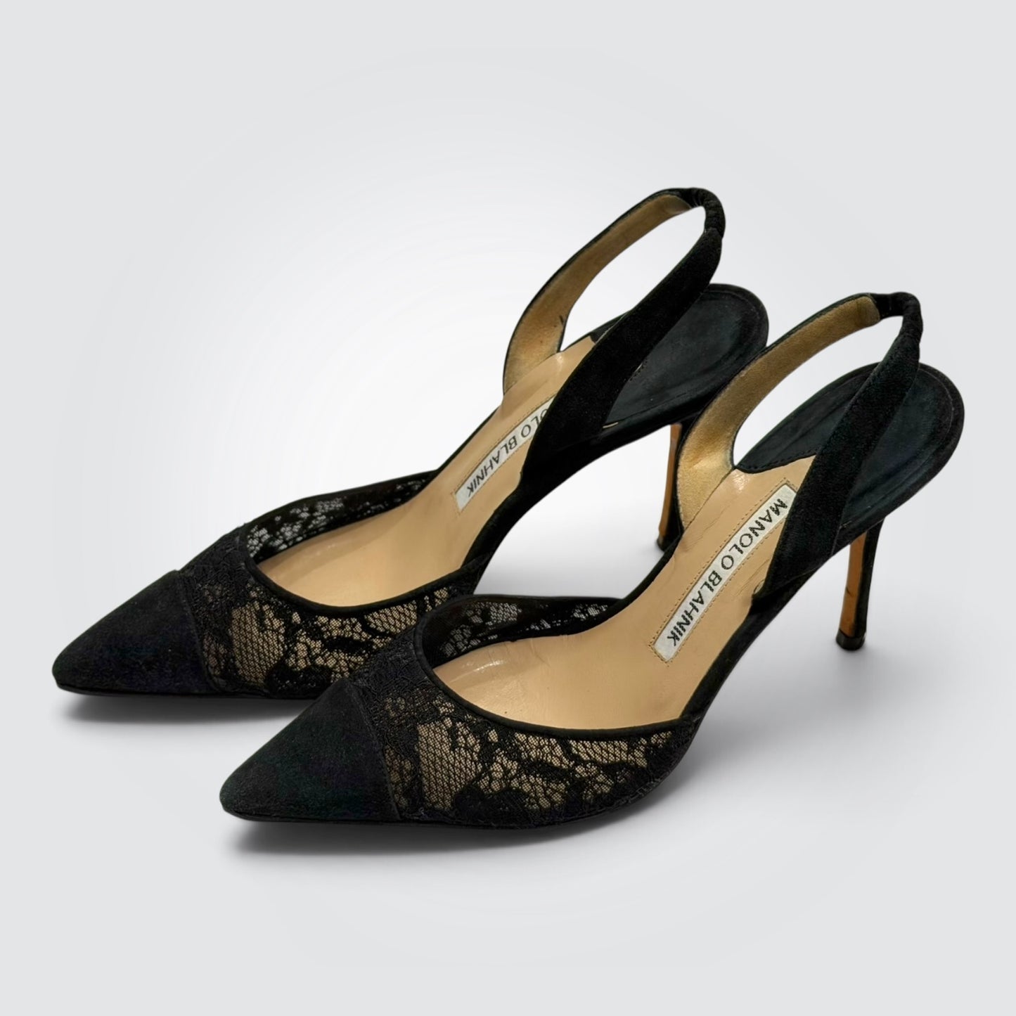 Pre-owned Manolo Blahnik Carolyne black lace slingback pumps