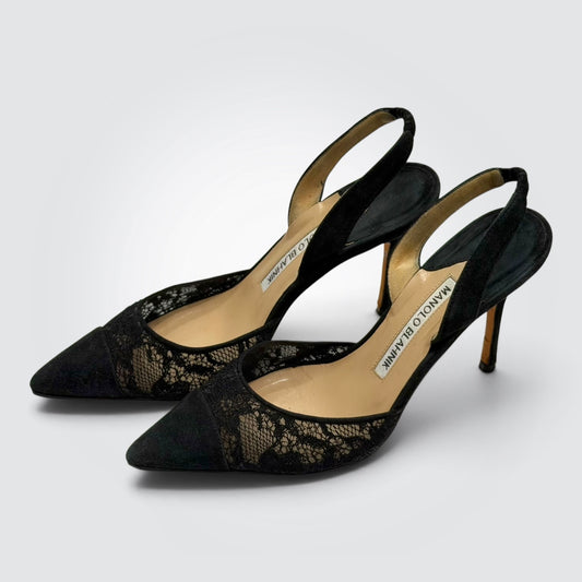 Pre-owned Manolo Blahnik Carolyne black lace slingback pumps