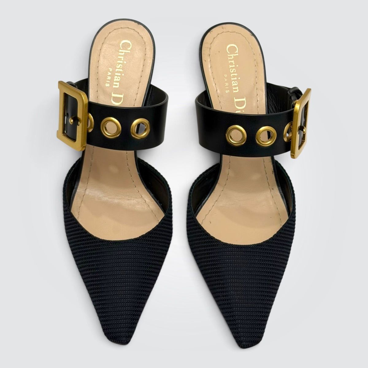 Pre-Owned Christian Dior Black Mesh Mule with Gold Grommet Buckle Strap