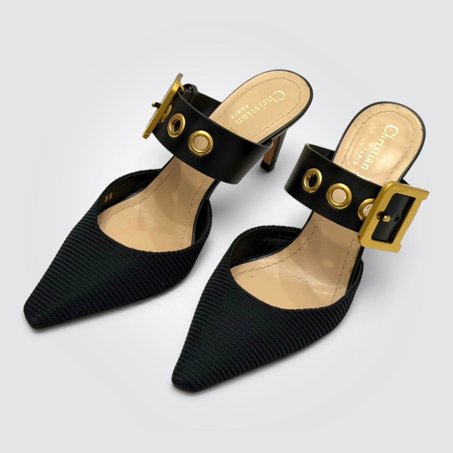 Pre-owned Christian Dior black mesh mule with gold grommet buckle strap