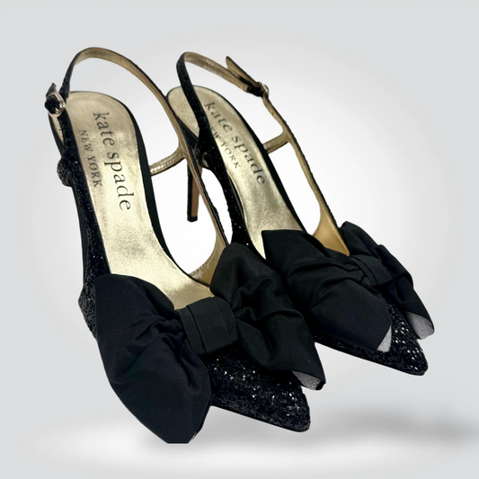 Kate Spade New York Glitter Slingback Heels Black Grosgrain Bow Pointed Toe — Size  39.5 Never Worn  Style Reissue Vancouver