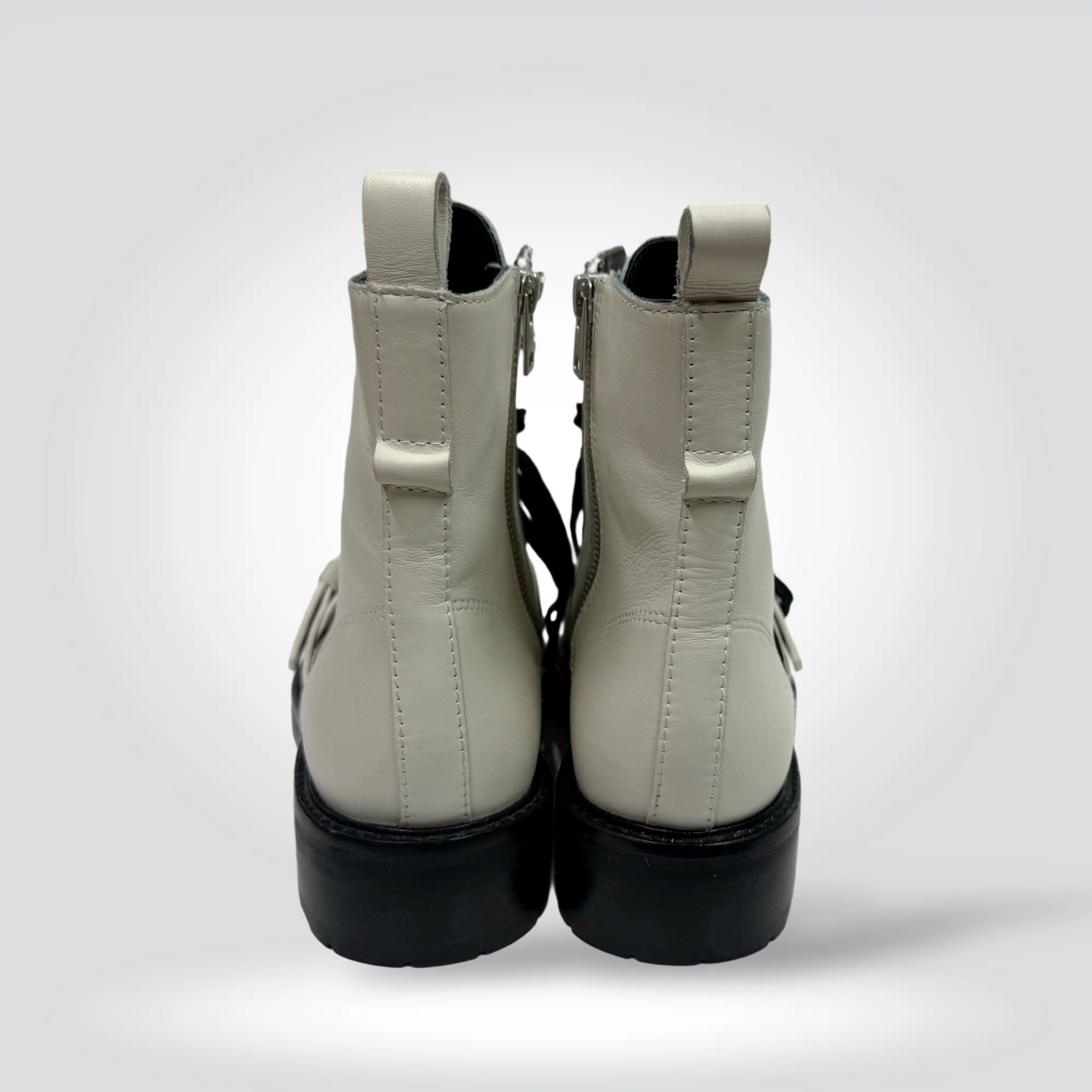 Pre-Owned All Saints Cream Off-White Leather Combat Boots Black Laces Silver Hardware Side Buckle — Size —40 Very Good | Style Reissue Vancouver