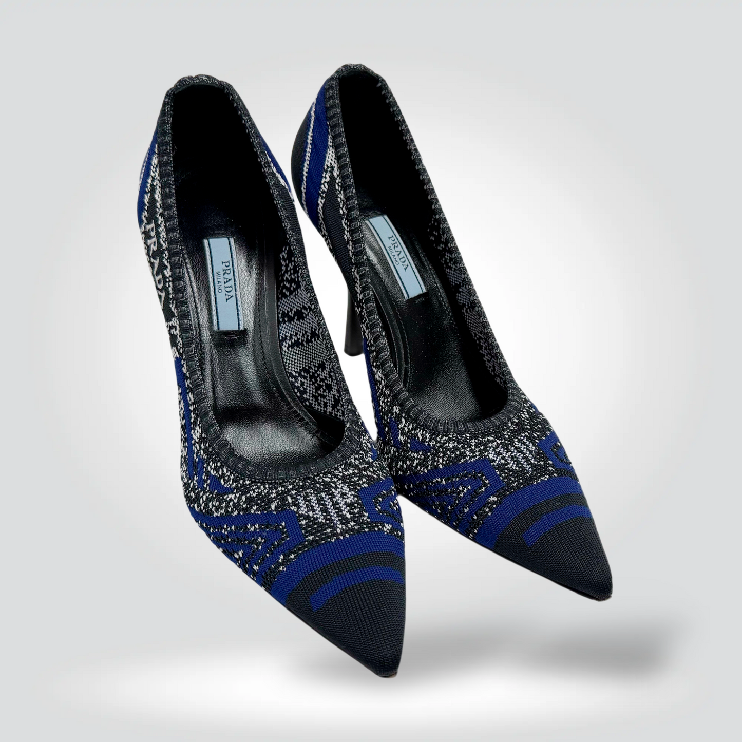 Prada Embroidered Fabric Pumps Black Royal Blue Woven Floral Pointed Toe Stiletto — Size 39#] — [Condition] | Style Reissue Vancouver