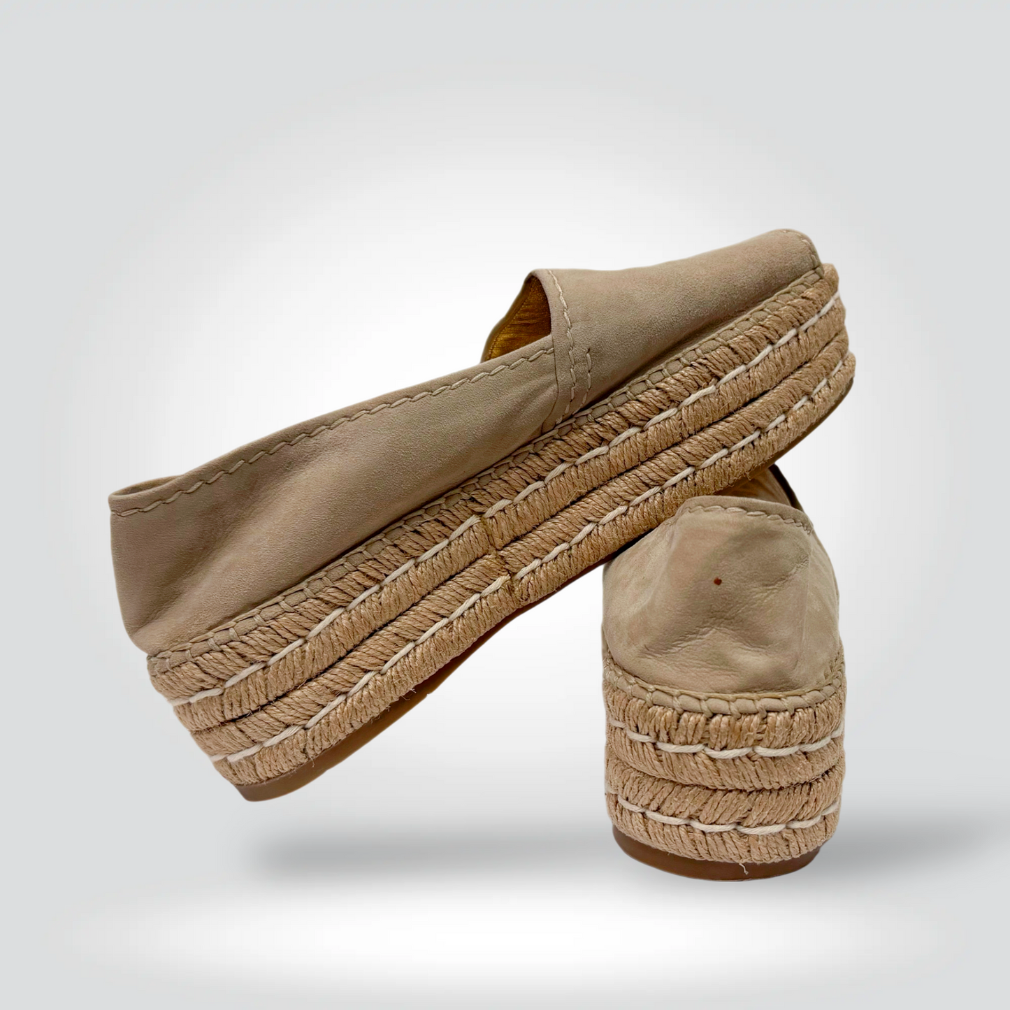 re-Owned Prada Quartz Open toe Beige  Suede Espadrille Flat Gold Footbed — Size 38 — Very Good | Style Reissue Vancouver