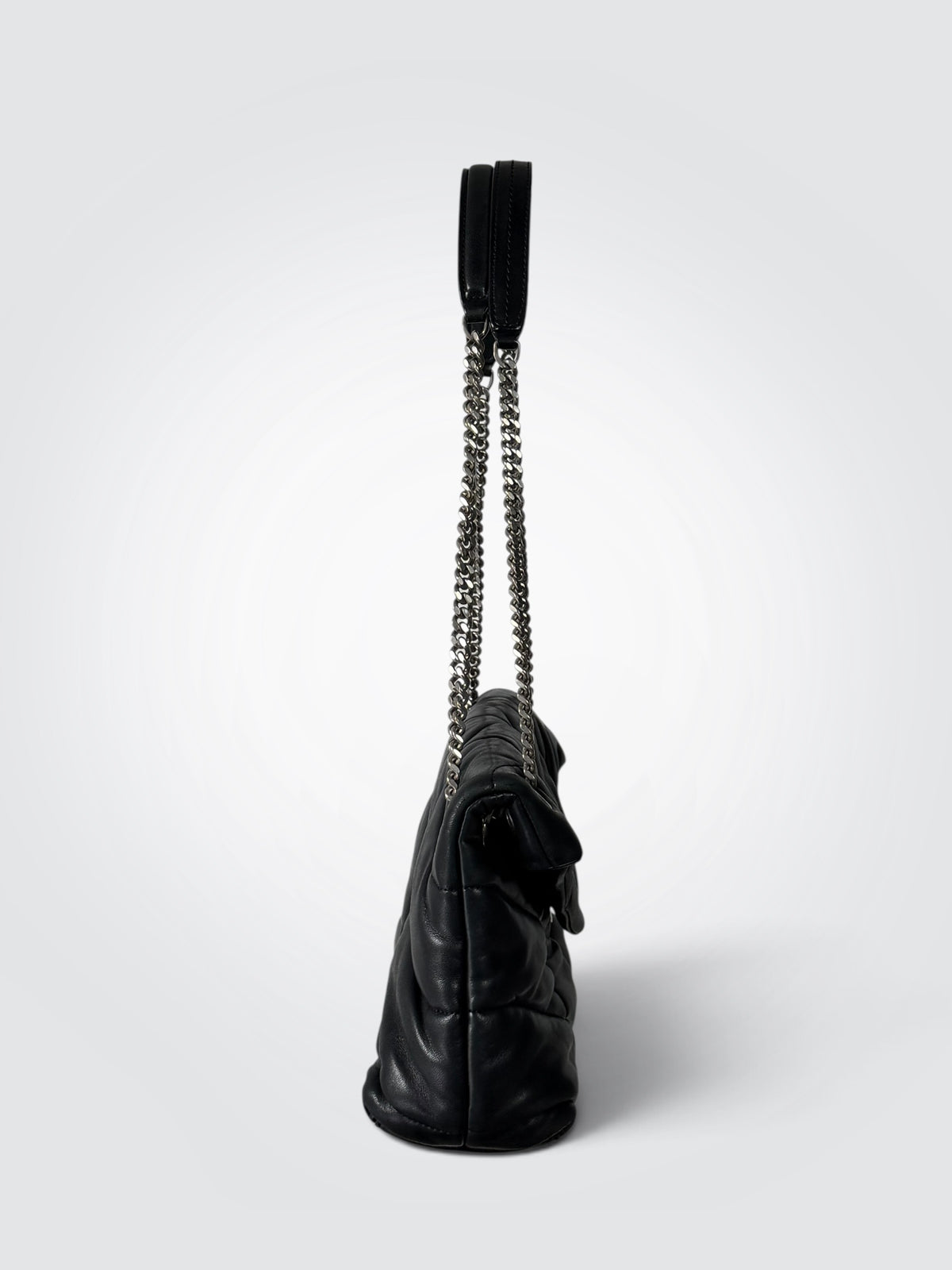 Pre-Owned Saint Laurent Loulou Puffer Medium Black Lambskin Shoulder Bag – Silver Hardware