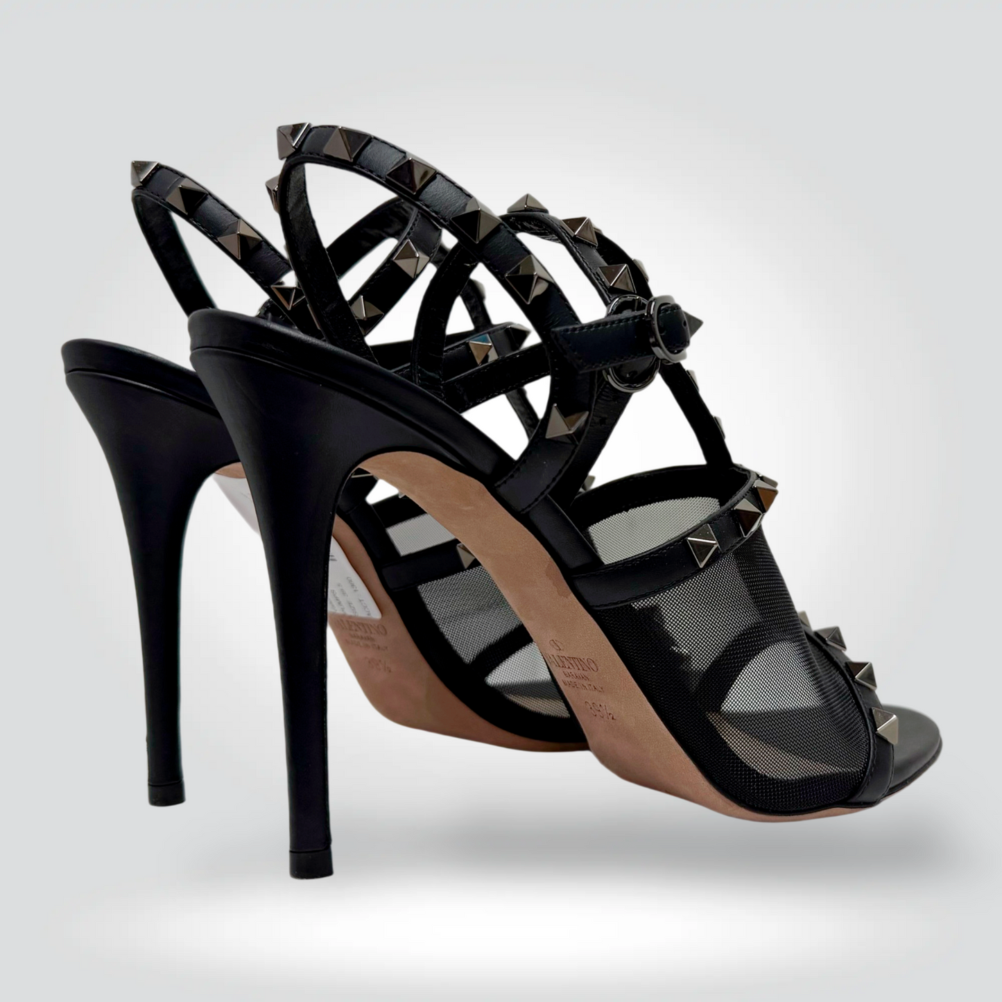 Valentino Garavani Rockstud T-Strap Sandals Black Leather Mesh Pyramid Studs — Size 39.5 — [Condition] | Style Reissue Vancouver