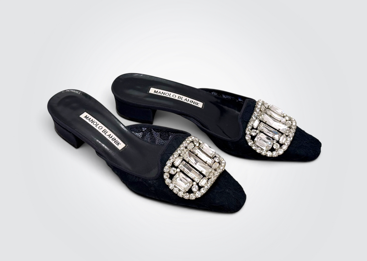 Pre-owned Manolo Blahnik Maysale navy blue lace mules with crystal buckle