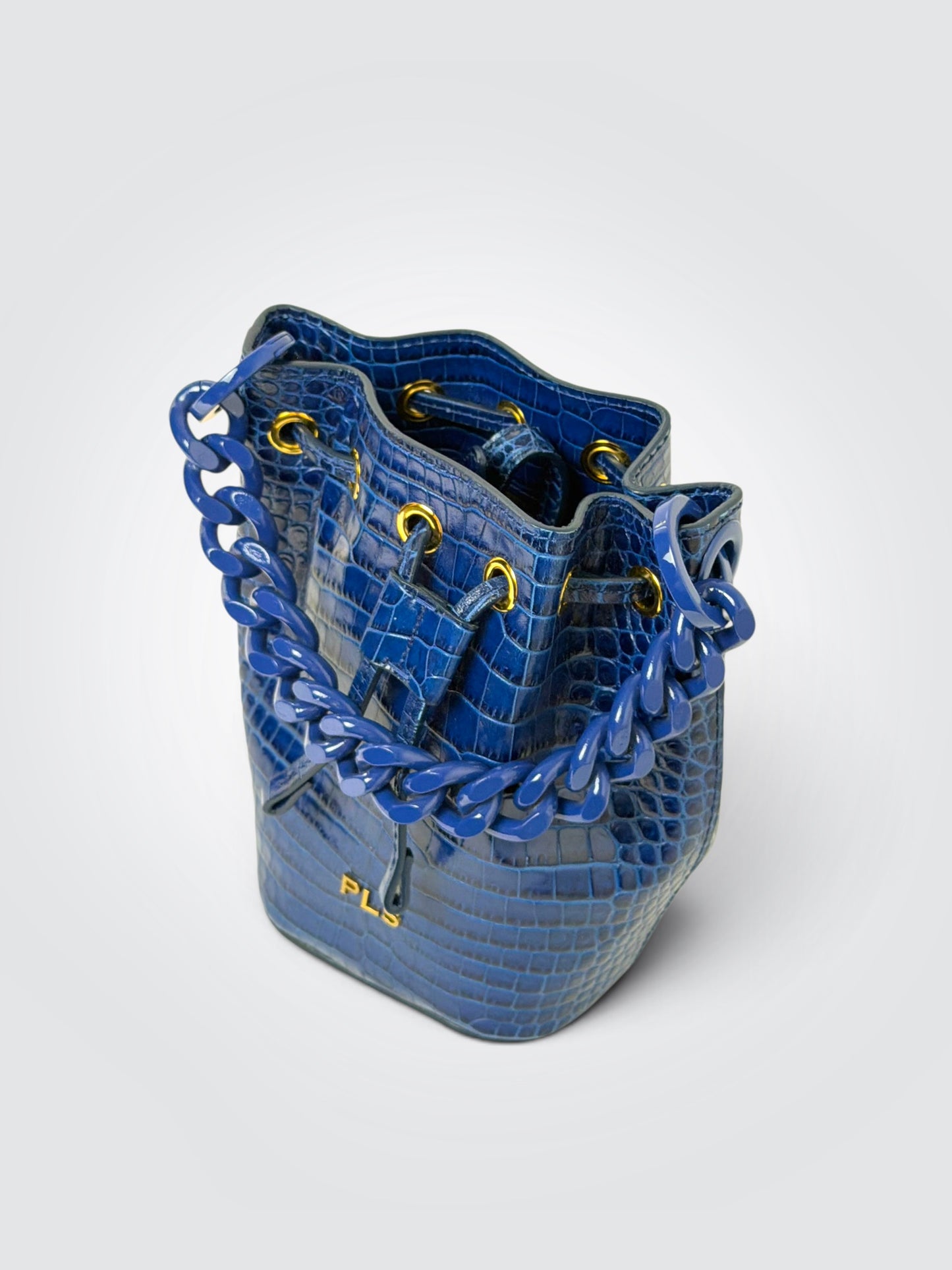 Pre-owned Philosophy di Lorenzo Serafini royal blue croco-print leather mini shoulder bag with gold-tone PLS logo lettering and chain strap
