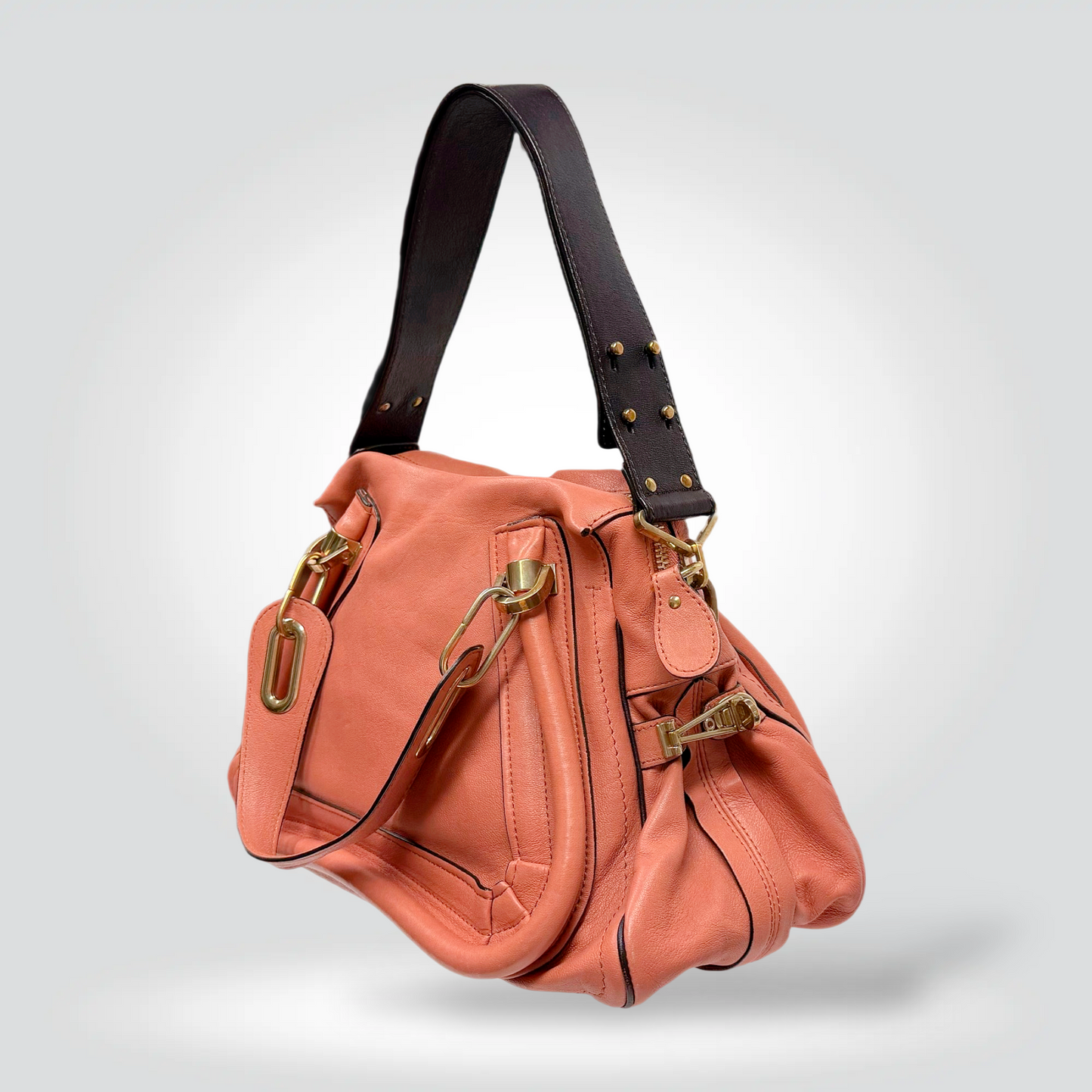 Chloé Paraty Bag Coral Salmon Pink Leather Gold Hardware Black Top Handle — [Very Good] | Style Reissue Vancouver