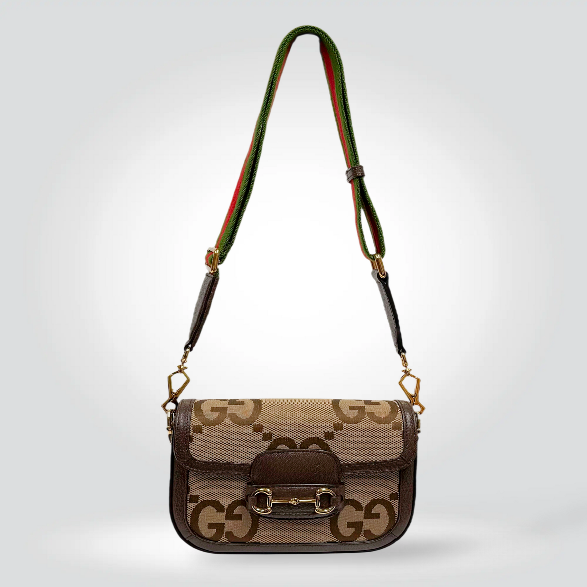 Gucci Horsebit 1955 Jumbo GG canvas shoulder bag beige ebony green red web strap gold horsebit — Style Reissue Vancouver