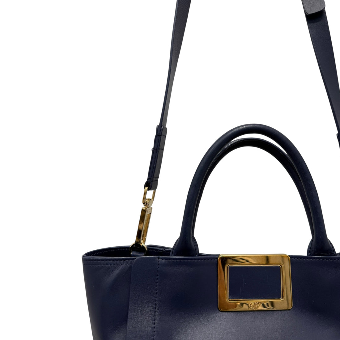Roger Vivier Navy Blue Leather Top Handle Tote – Structured Handbag with Gold Buckle & Crossbody Strap