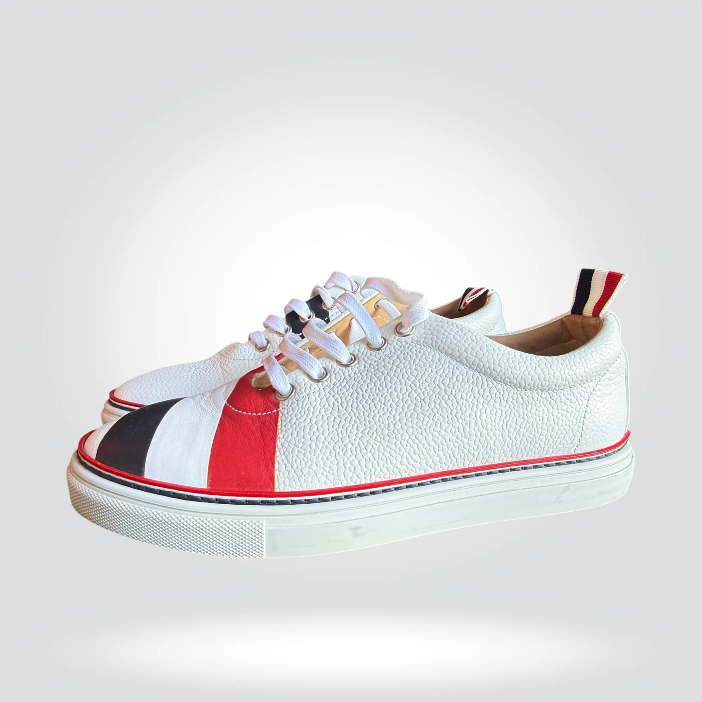 Thom Browne Low Top Sneakers White Leather Red White Navy Stripe Heel Counter — Size 39 Good  | Style Reissue Vancouver
