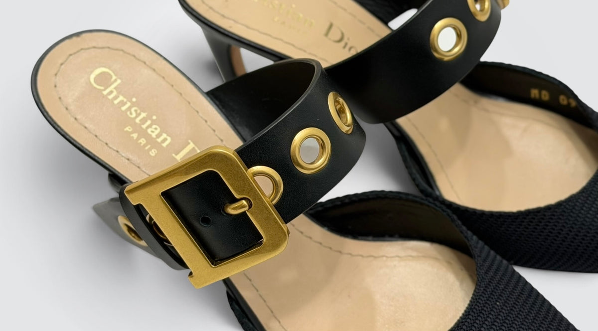 Pre-Owned Christian Dior Black Mesh Mule with Gold Grommet Buckle Strap