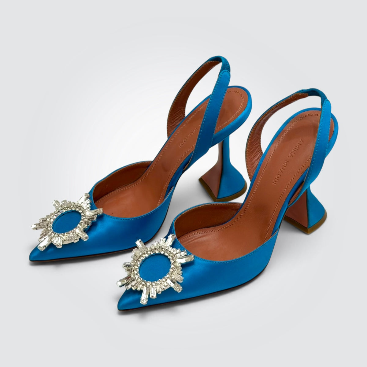 Pre-owned Amina Muaddi Begum blue satin slingback pumps with crystal buckle