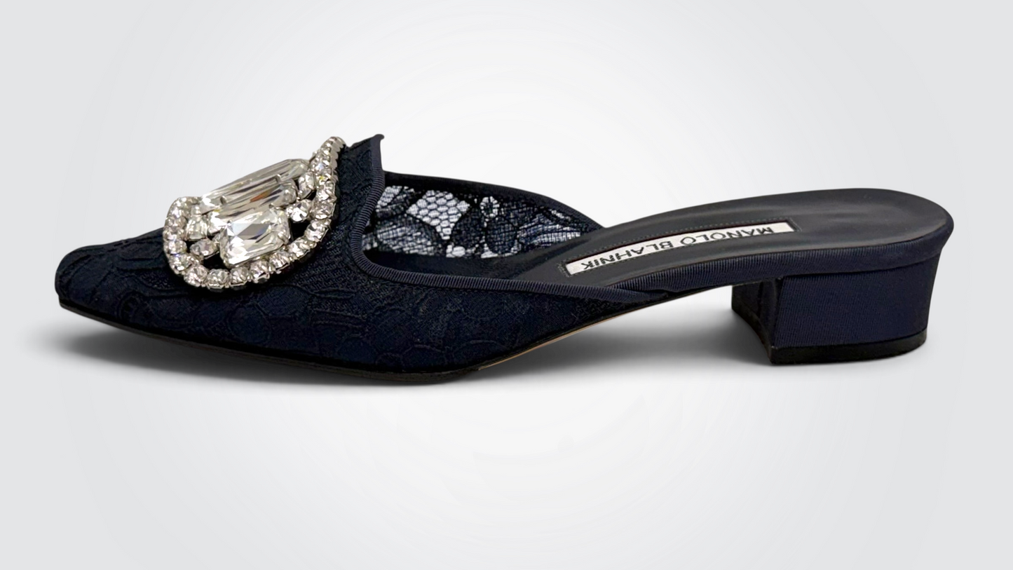 Pre-Owned Manolo Blahnik Maysale Navy Blue Lace Crystal Buckle Mules