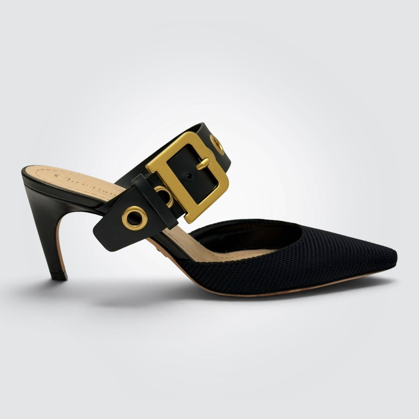 Pre-Owned Christian Dior Black Mesh Mule with Gold Grommet Buckle Strap