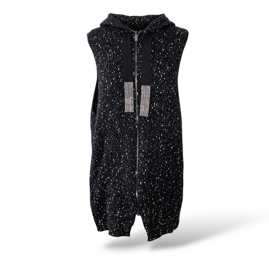 Pre-owned Fabiana Filippi black and white speckled knit hooded zip-front vest with wide grosgrain drawstrings and nickel-free eco-brass metallic details, size IT 42 or small