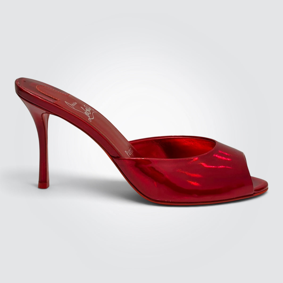 Pre-Owned Christian Louboutin Red Metallic Patent Leather Open-Toe Mules