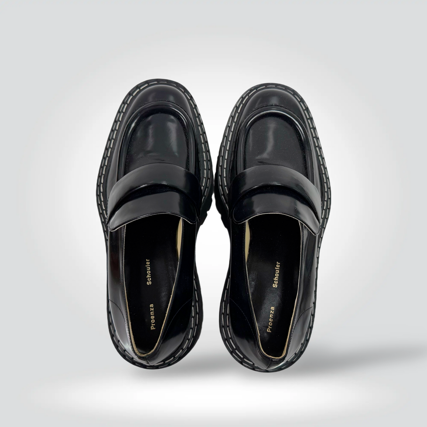 Pre-Owned Proenza Schouler Black Leather Platform Loafer Lug Sole White Topstitching — Size 39—Excellent Style Reissue Vancouver